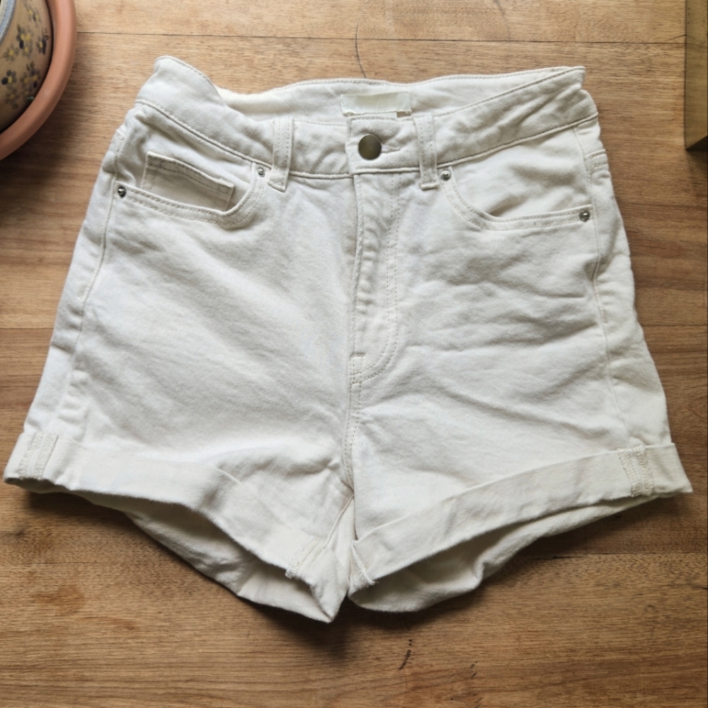 H&M Ivory High-Waist Rolled Hem Denim Shorts
